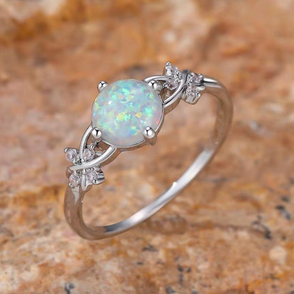 NEW 14k White Gold Round White Opal Diamond Ring Band - Picture 6 of 6